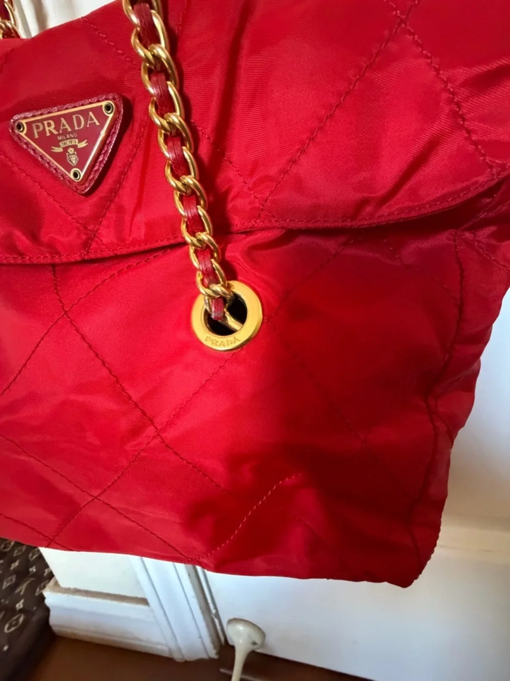 Prada Red Quilted Nylon Shoulder Bag with Gold Chain - Picture 3 of 13